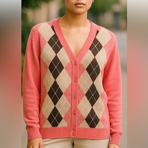 K.b. COLLECTIONS ARGYLE CARDIGAN BUSINESS/CASUAL GOLF SPRING SWEATER SZ L 🍑